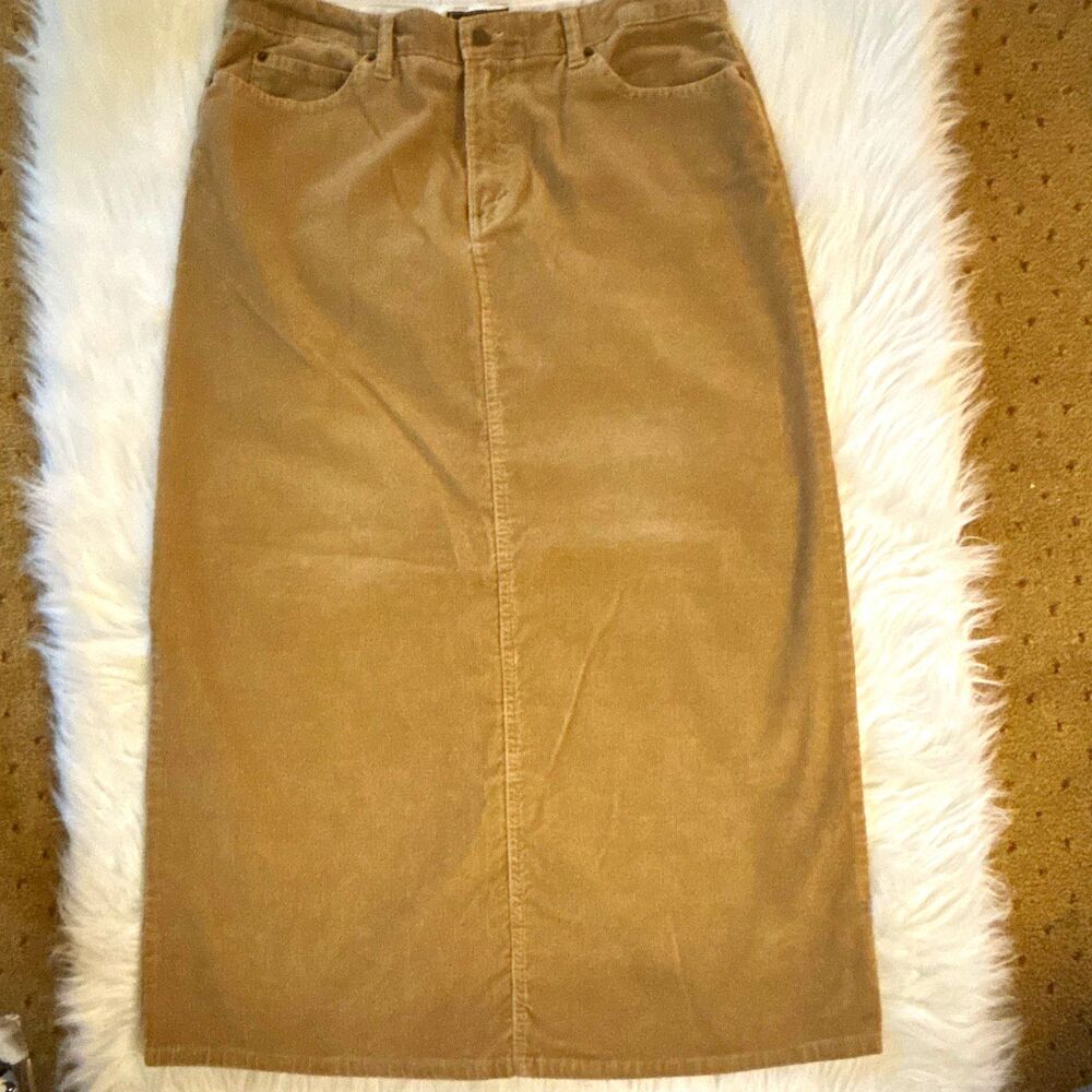 Eddie Bauer Womens Brown Beige Solid Corduroy Midi Skirt Stretch Zip 14 Slit 517